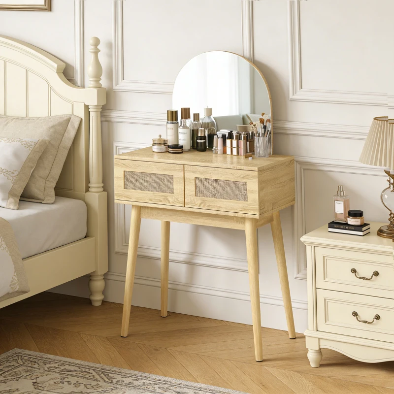 HOMCOM Vanity Desk, Makeup Vanity with with Mirror and 2 Drawers, Natural Wood