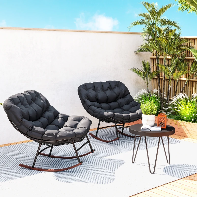 Outsunny Outdoor Rocking Chair Patio Set of 2, Oversized Rocking Papasan Chairs with Cushions for Garden Porch, 265 lbs., Black