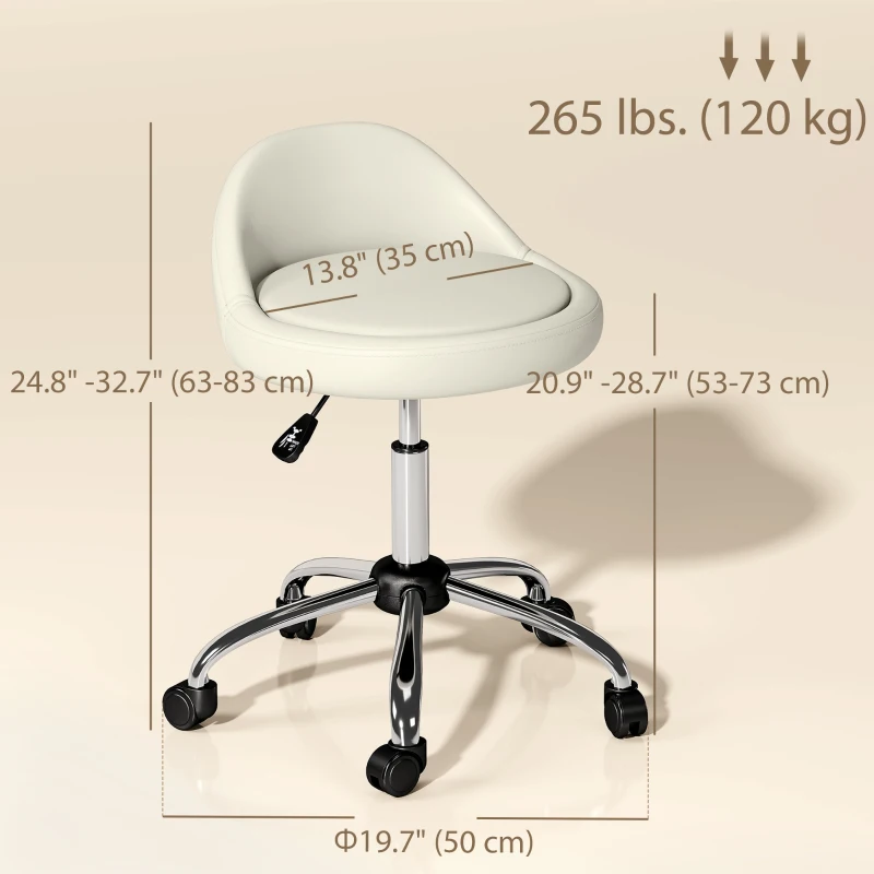 HOMCOM Salon Stool, Adjustable Rolling Stool, White