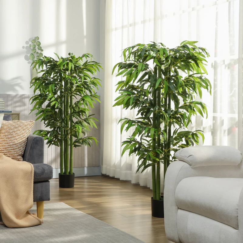 HOMCOM 5.3ft Artificial Tree Set of 2, Indoor Fake Bamboo with Pot, for Home, Office, and Living Room Decor
