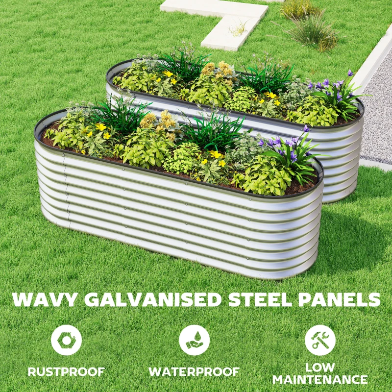 Outsunny 2Pcs Galvanized Raised Garden Bed, 6 x 2 x 2 ft Modular Metal Garden Beds with Rubber Strip Edging, Silver