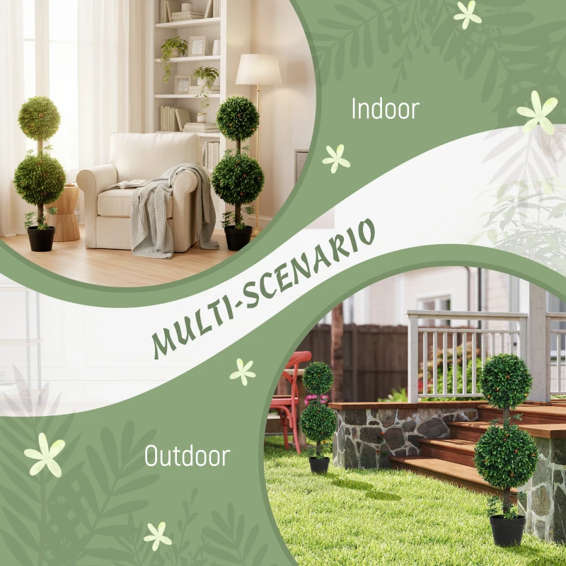 HOMCOM 3FT Artificial Boxwood Topiary Tree Set of 2, Faux Two Ball Topiary Tree in Pot for Indoor Outdoor Decor, Green