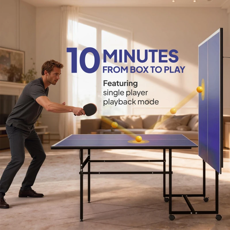 Soozier Full Size Table Tennis Table, Folding Ping Pong Table with Net, Paddles, Balls and Wheels, Blue