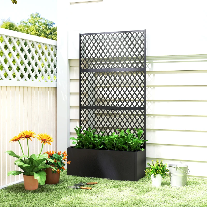 Outsunny Metal Planter Box with Trellis, Raised Garden Bed with Trellis, Diamond Lattice Privacy Planter for Climbing Plants