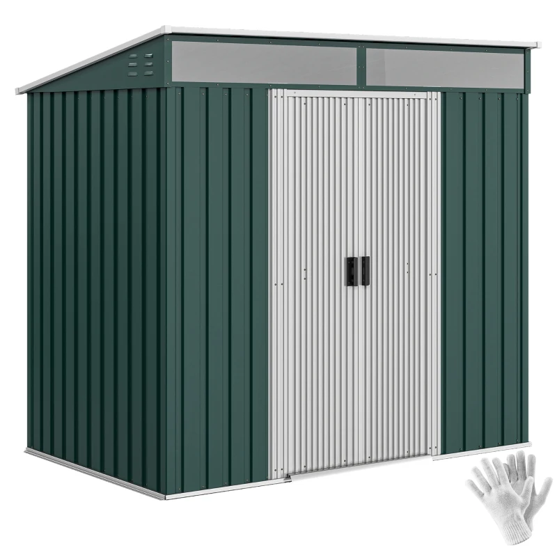 Outsunny 6.5x4FT Galvanised Metal Shed with Foundation Kit, Lockable Garden Tool Storage House with Sliding Doors, Vents, Green