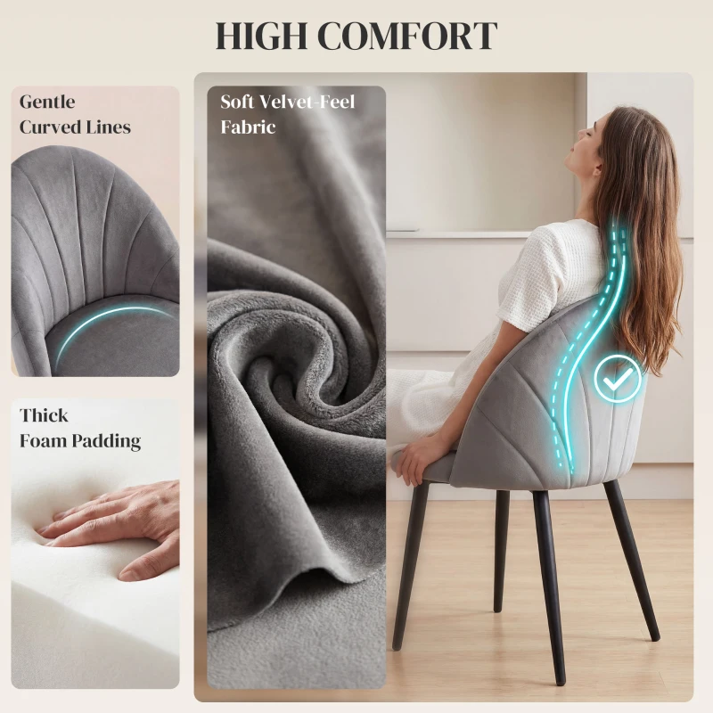 HOMCOM Armless Dining Chairs with Curved Backrest, Velvet-feel Accent Chairs for Kitchen, Living Room, Guest Room, Grey