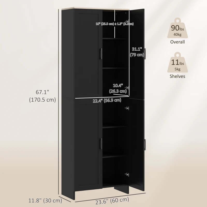 HOMCOM 67" 4-Door Kitchen Pantry Cabinet, Freestanding Storage Cabinet Cupboard with Adjustable Shelves, Black