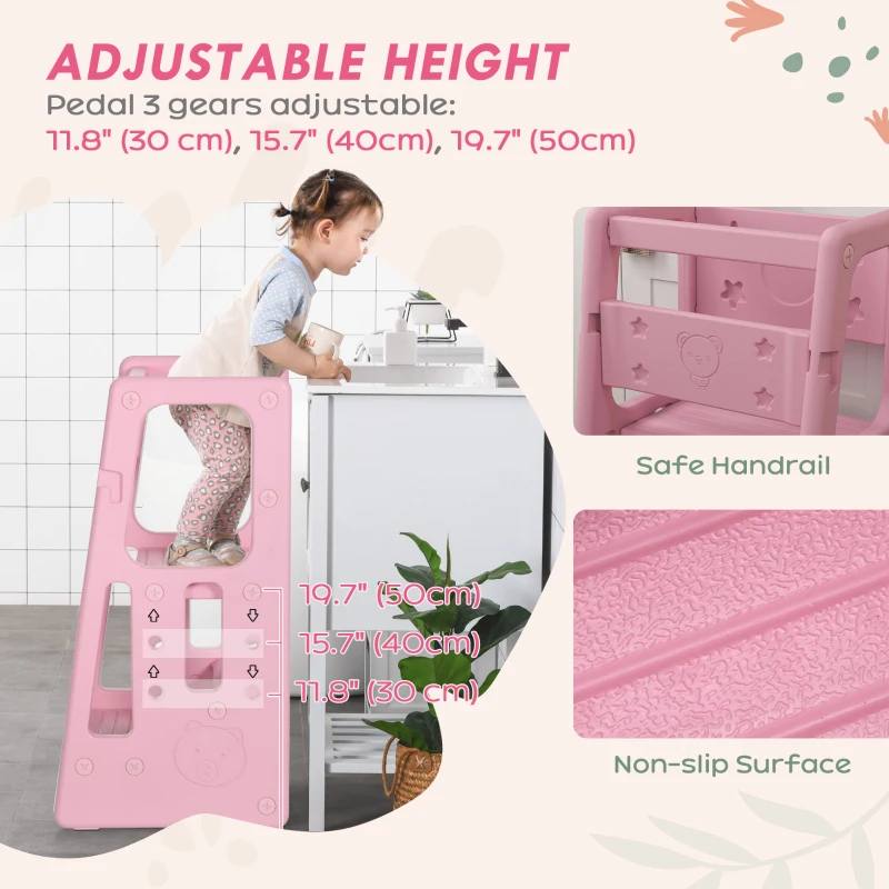 Qaba Toddler Tower with Adjustable Height, Anti-slip Mat, Toddler Step Stool, Pink