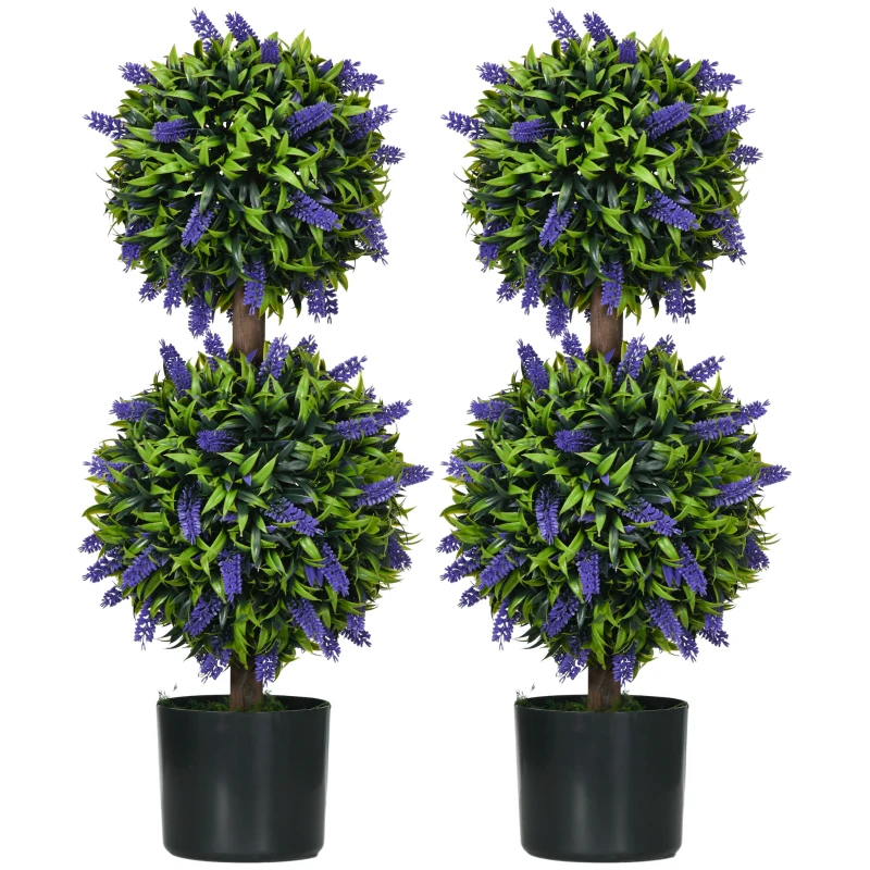 HOMCOM 2.3ft Set of 2 Artificial Plants, Lavender Flowers Ball Trees with Pot, for Home Indoor Outdoor Decor