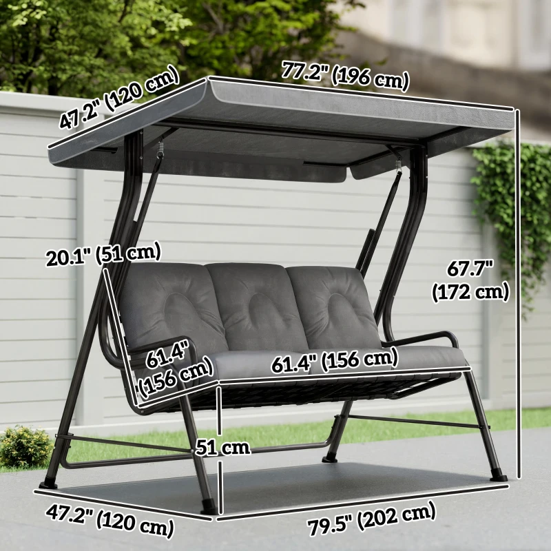 Outsunny 3-Person Patio Swing Chair with Canopy 3 Seater Porch Swing for Garden, Backyard, Poolside, Light Grey
