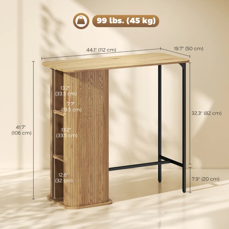 HOMCOM Tambour Bar Height Table with 3 Storage Shelves Rectangular Bar Table with Metal Frame for Kitchen Dining Room Natural