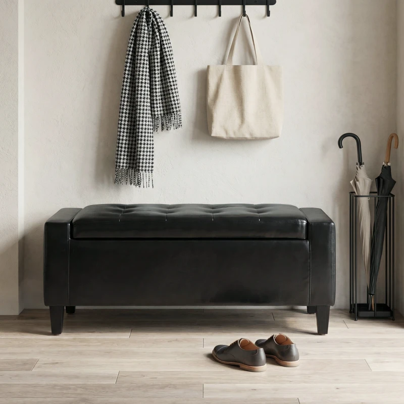 HOMCOM Storage Ottoman Bench, PU Leather Upholstered Bench with Tufted Design, Black
