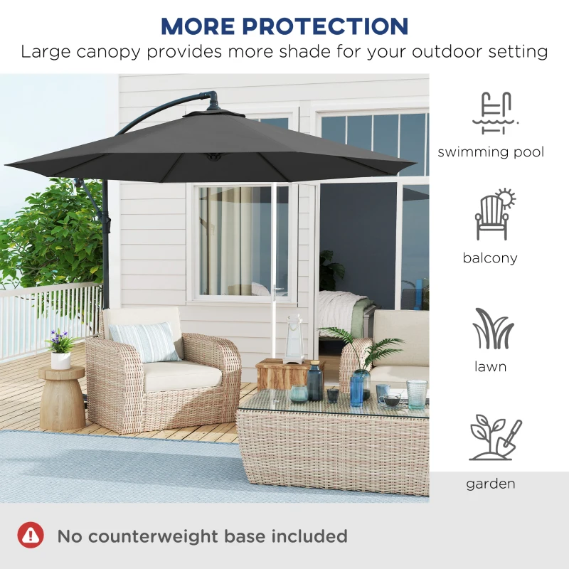 Outsunny 10' Deluxe Patio Umbrella, Outdoor Market Parasol, Banana Hanging Offset Sunshade with Crank, Cross Base, Grey