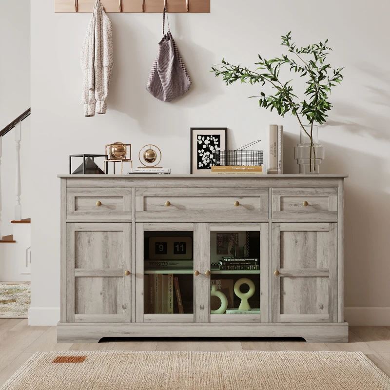 HOMCOM Dining Room Sideboard Buffet Cabinet with Storage, Coffee Bar Cabinet with Glass Doors and Adjustable Shelves, Weathered Grey Oak