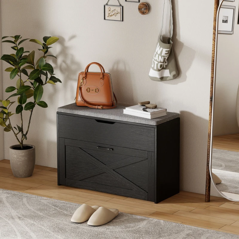 HOMCOM Shoe Storage Bench with Flip Drawer and Lift Top Storage, Entryway Bench with Seat Cushion for Hallway, Black