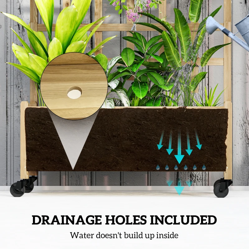 Outsunny Wooden Planter with Trellis, Raised Garden Bed with Wheels, Drainage Holes for Climbing Plants, Flowers, Nature Wood