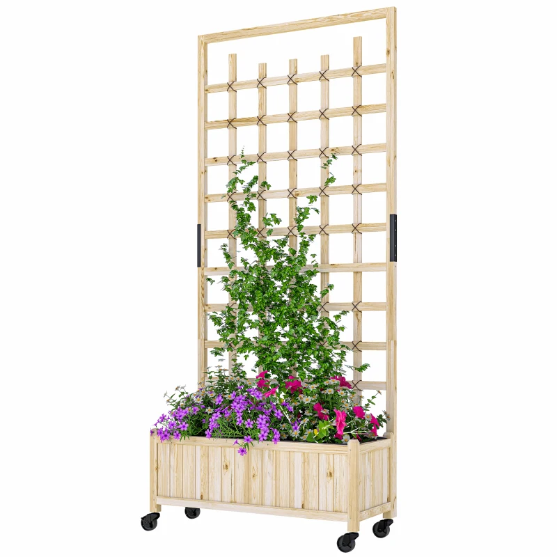 Outsunny Wooden Planter with Trellis, Raised Garden Bed with Wheels, Drainage Holes for Climbing Plants, Flowers, Nature Wood