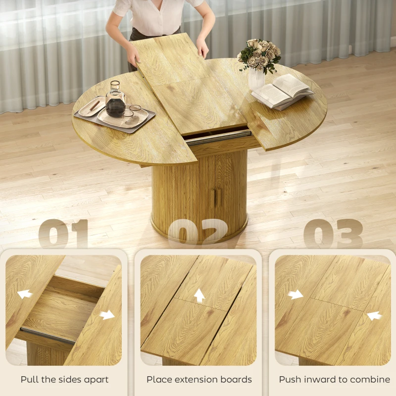 HOMCOM Extendable Dining Table for 6, 60" Farmhouse Kitchen Table with 2-Tier Storage Shelf and Fluted Sliding Doors, Natural