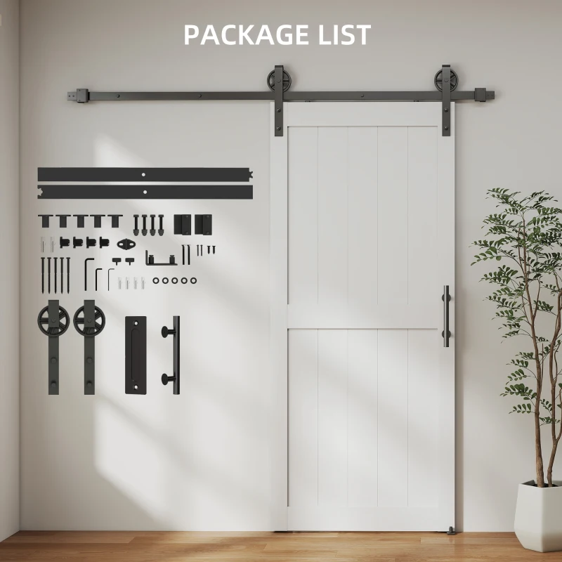 HOMCOM 32inx84in Barn Door with 6FT Sliding Door Hardware Kit, Handle, Upgraded Rollers and Floor Guide, Waterproof, White