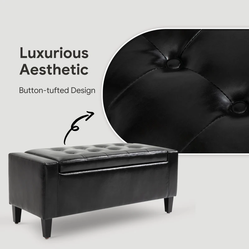 HOMCOM Storage Ottoman Bench, PU Leather Upholstered Bench with Tufted Design, Black