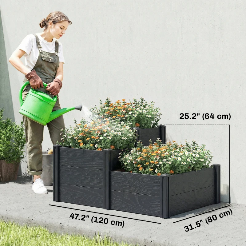 Outsunny Vinyl Raised Garden Bed Kit, 3-Tier Elevated Garden Box with Open Bottom, DIY Assembly, Grey Wood Effect