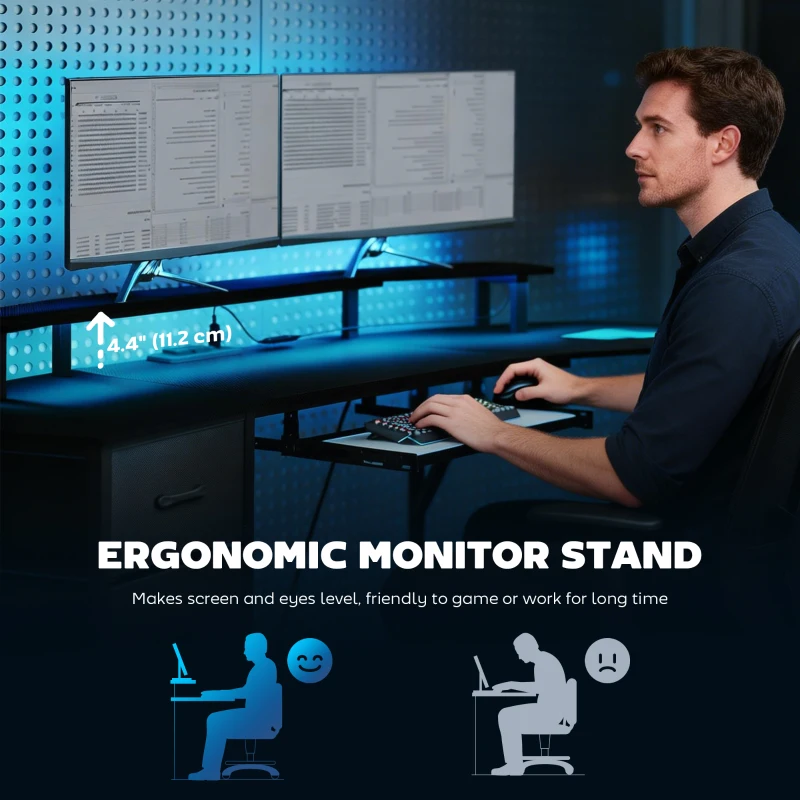 HOMCOM 79 inch Gaming Desk with RGB Lights, Computer Table with Power Outlets & USB Ports, Keyboard Tray and 2 Drawers, Black