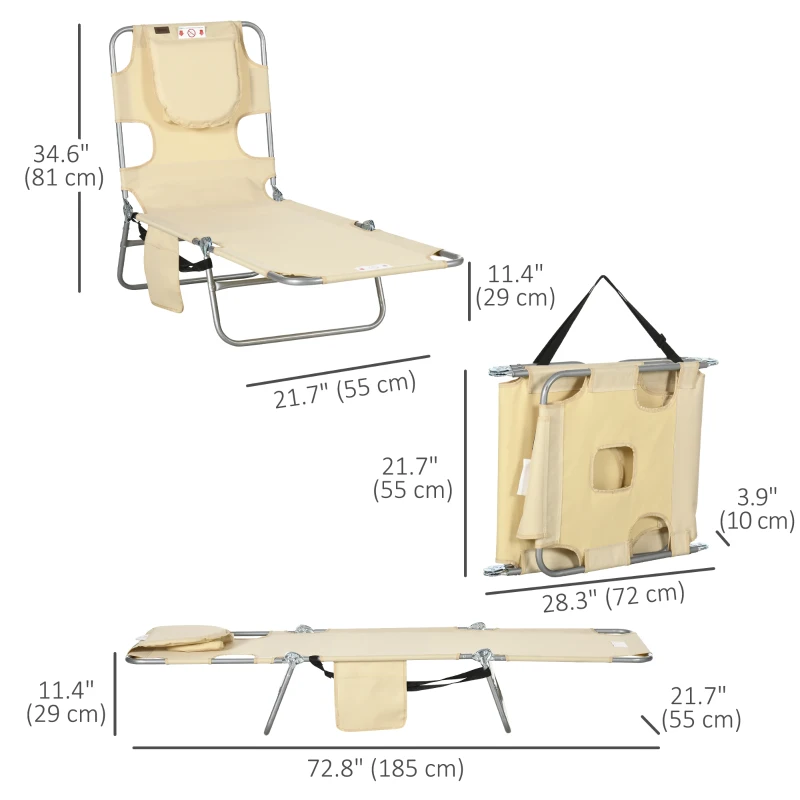 Outsunny Folding Outdoor Lounge Chair, 5-Level Tanning Chair with Face Hole, Side Pocket, Carry Strap for Beach Pool, Beige