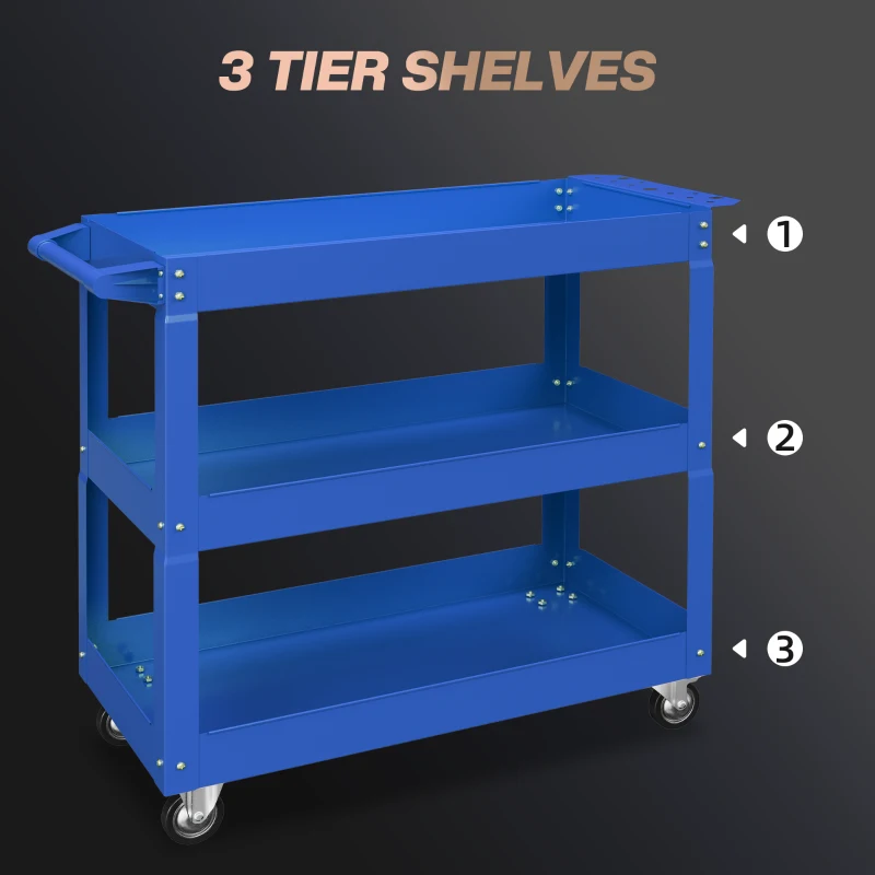 DURHAND 3 Tier Rolling Tool Cart with Wheels, 330 LBS Capacity Heavy Duty Utility Cart, Mobile Service Cart for Garage, Blue