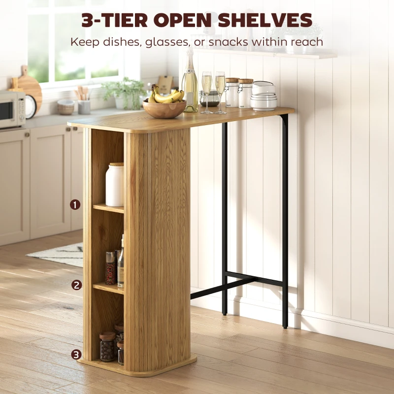 HOMCOM Tambour Bar Height Table with 3 Storage Shelves Rectangular Bar Table with Metal Frame for Kitchen Dining Room Natural