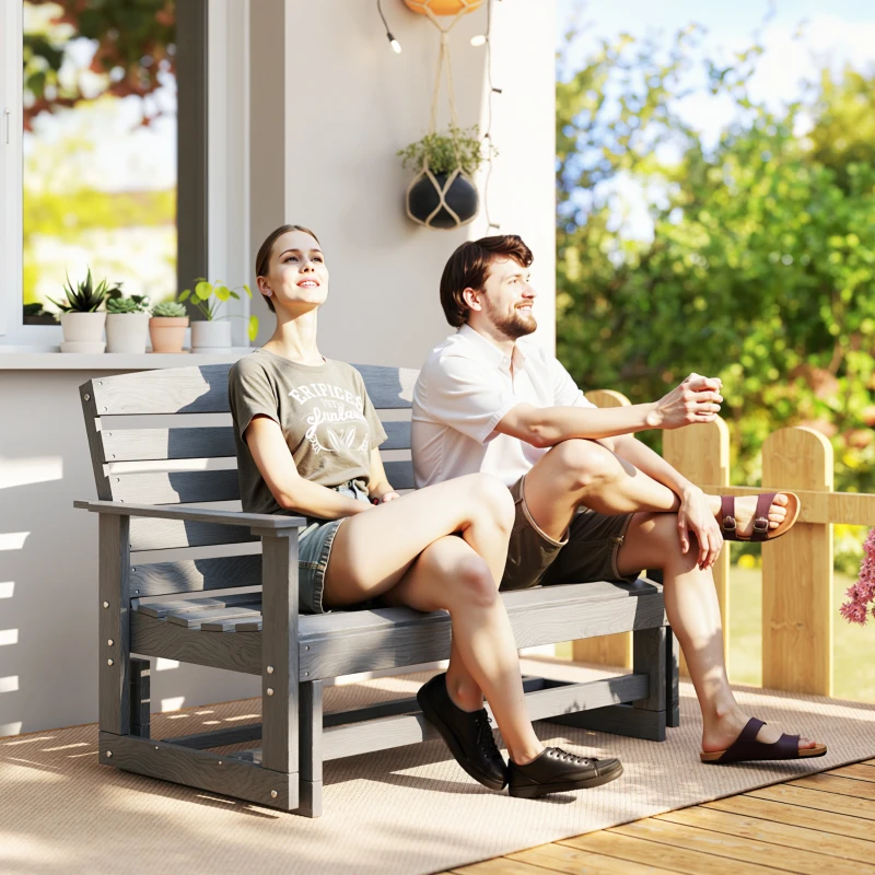 Outsunny Patio Glider Bench w/ HDPE Slatted Double Rocking Chair, Distressed Gray