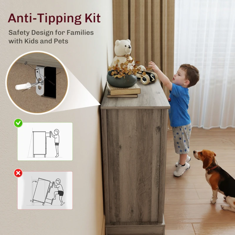 HOMCOM Dining Room Sideboard Buffet Cabinet with Storage, Coffee Bar Cabinet with Glass Doors and Adjustable Shelves, Weathered Grey Oak