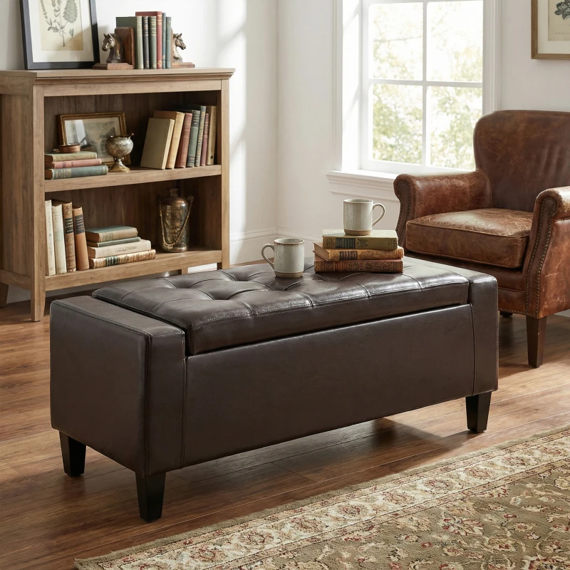 HOMCOM Storage Ottoman Bench, PU Leather Upholstered Bench with Tufted Design, Brown