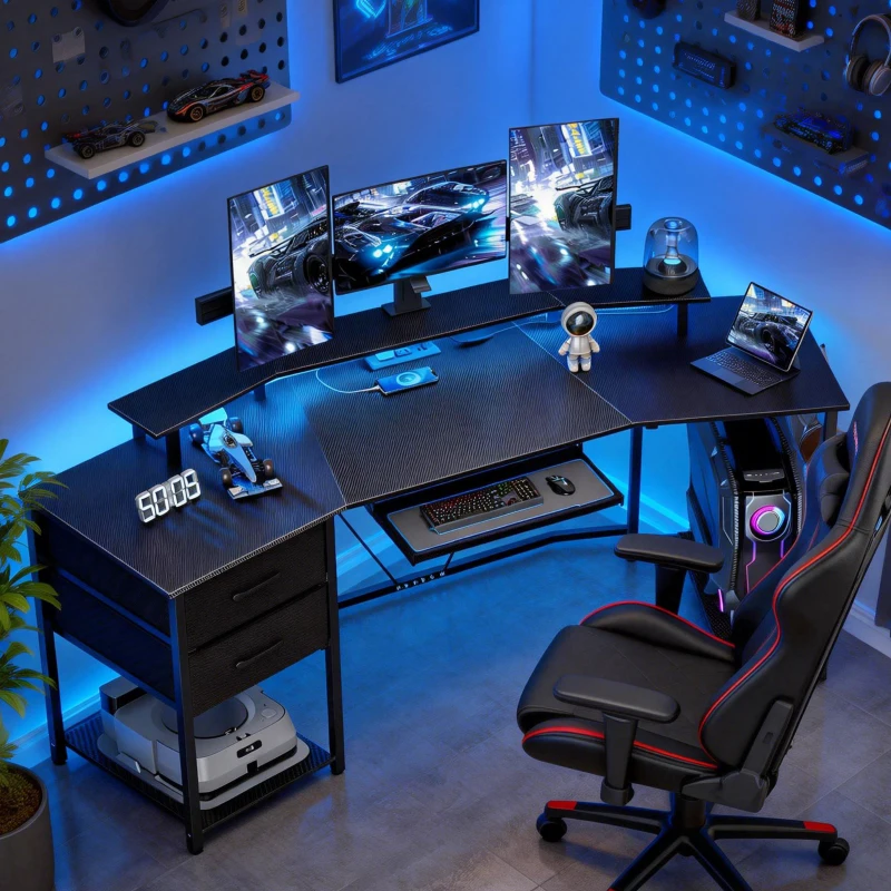 HOMCOM 79 inch Gaming Desk with RGB Lights, Computer Table with Power Outlets & USB Ports, Keyboard Tray and 2 Drawers, Black