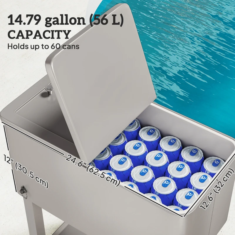 Outsunny 60 Quart Rolling Outdoor Cooler, Portable Rolling Patio Cooler Cart with Locking Wheels, Storage Shelf, Silver