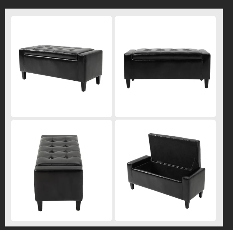 HOMCOM Storage Ottoman Bench, PU Leather Upholstered Bench with Tufted Design, Black