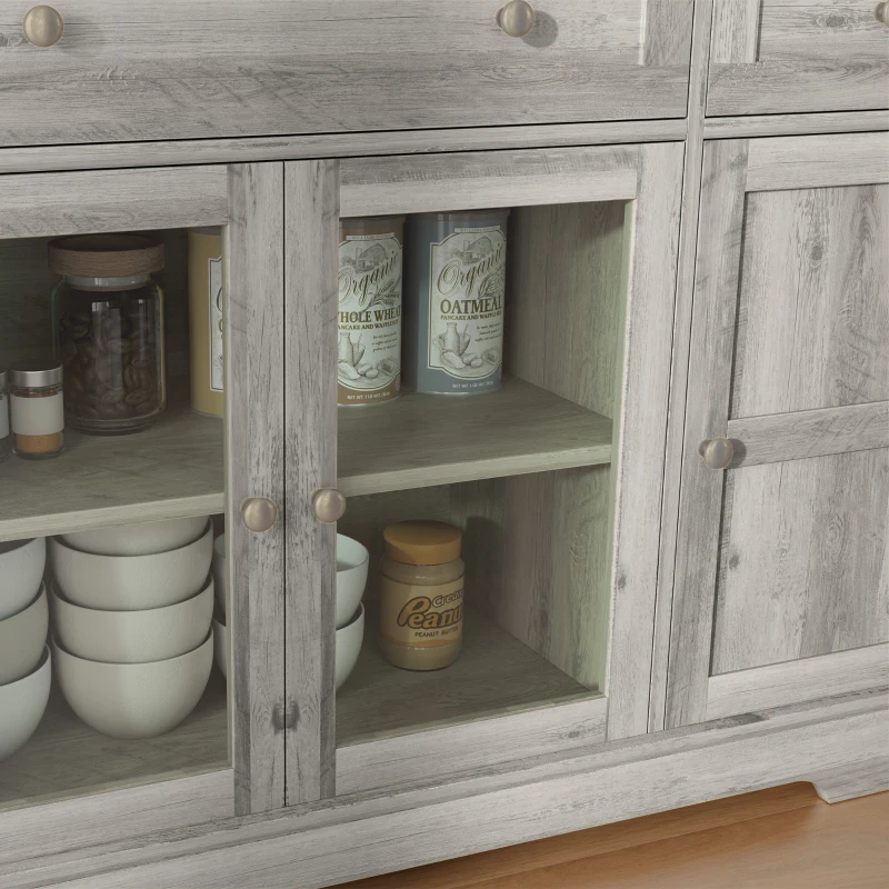 HOMCOM Dining Room Sideboard Buffet Cabinet with Storage, Coffee Bar Cabinet with Glass Doors and Adjustable Shelves, Weathered Grey Oak