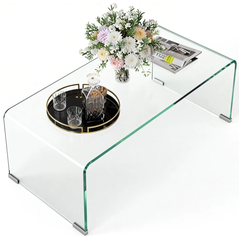 HOMCOM Glass Coffee Table, Clear Coffee Table for Living Room, Modern Rectangle Center Table with Safe Rounded Edges