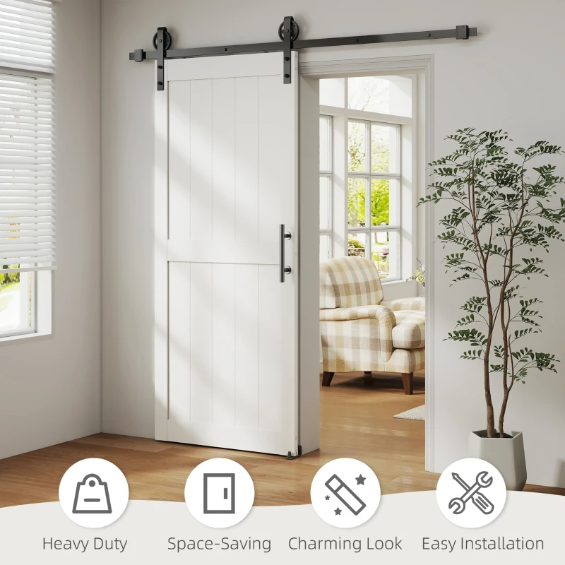 HOMCOM 32inx84in Barn Door with 6FT Sliding Door Hardware Kit, Handle, Upgraded Rollers and Floor Guide, Waterproof, White