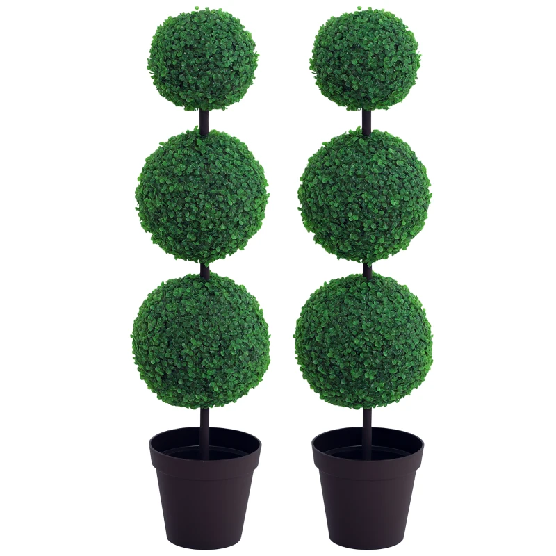 Outsunny Set of 2 Artificial Ball Boxwood Topiary Trees, 44.1" Fake Plants in Pots for Outdoor Indoor Decor, Dark Green