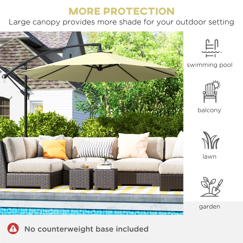 Outsunny 10' Deluxe Patio Umbrella, Outdoor Market Parasol, Banana Hanging Offset Sunshade with Crank, Cross Base, Beige