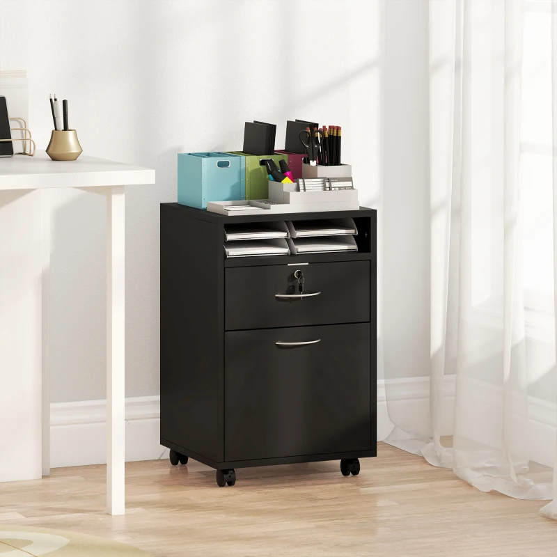 HOMCOM 24" Small Filing Cabinet with Open Compartment, Drawer and Wheels, Home Office Storage Cabinet, Black
