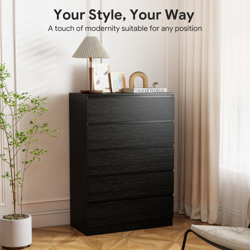 HOMCOM Dresser for Bedroom with 5 Drawers, Modern Chest of Drawers for Living Room, Closet, Hallway, Black