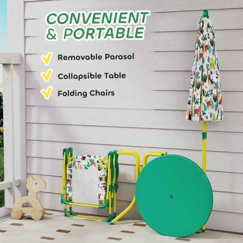 Qaba Kids Picnic Table, Kids Table and Chair Set with 2 Folding Chairs and Umbrella for Backyard, Garden, Patio, Green