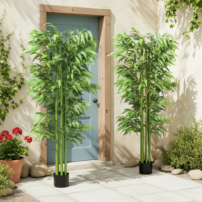 Outsunny 6FT Artificial Bamboo Trees Set of 2, Fake Plants with Nursery Pot for Indoor Decor