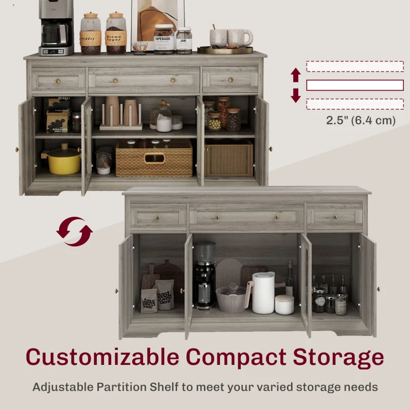 HOMCOM Dining Room Sideboard Buffet Cabinet with Storage, Coffee Bar Cabinet with Glass Doors and Adjustable Shelves, Weathered Grey Oak