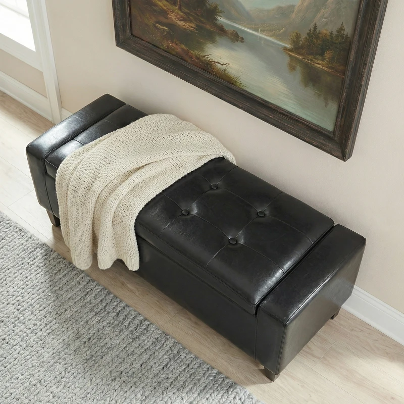 HOMCOM Storage Ottoman Bench, PU Leather Upholstered Bench with Tufted Design, Black