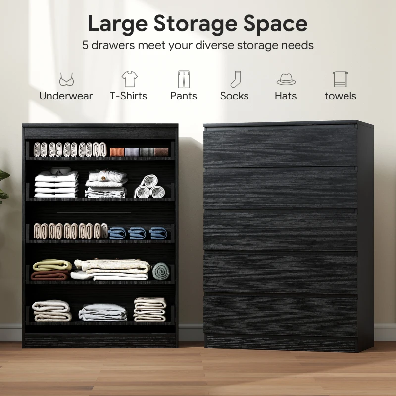 HOMCOM Dresser for Bedroom with 5 Drawers, Modern Chest of Drawers for Living Room, Closet, Hallway, Black