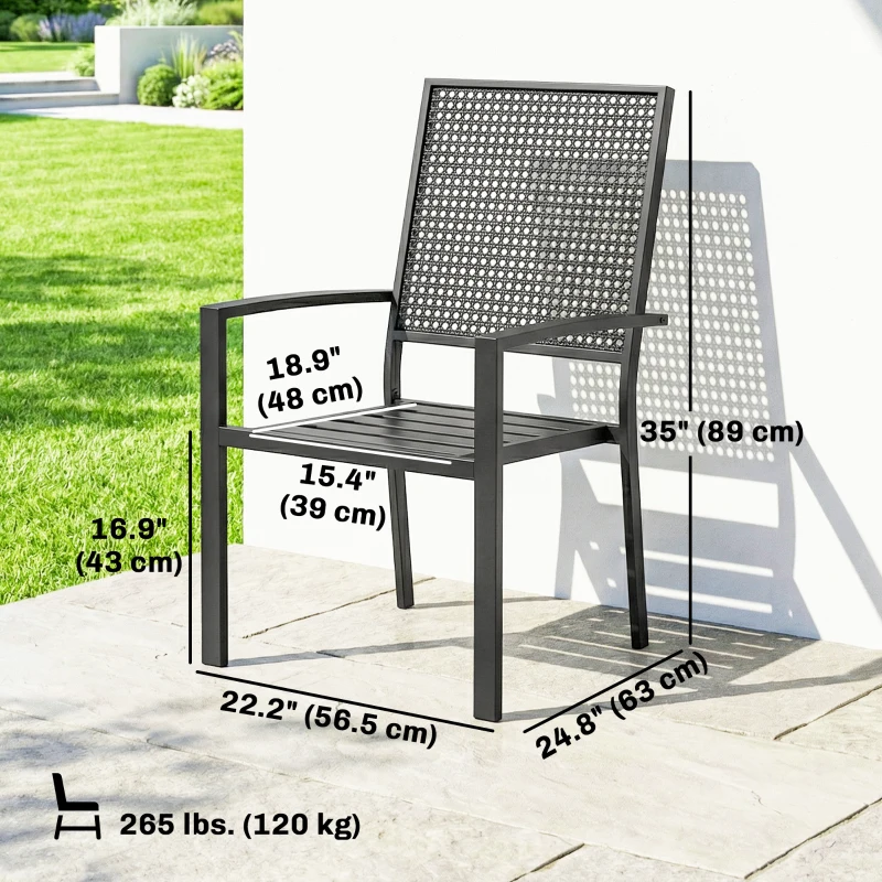 Outsunny Stackable Patio Chairs Set of 2, Outdoor Dining Chairs with Faux Wicker Steel Mesh Back, Slatted Seat, Armrests, Black