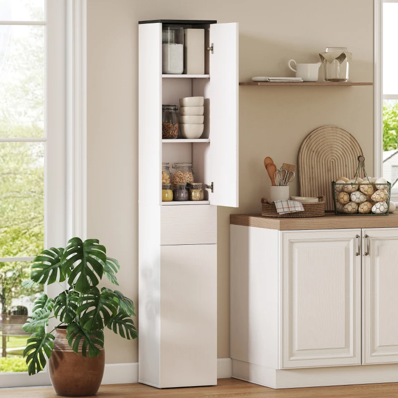 HOMCOM Tall Bathroom Cabinet with 2 Cupboards and Drawer, Slim Bathroom Storage Cabinet with Adjustable Shelves, White