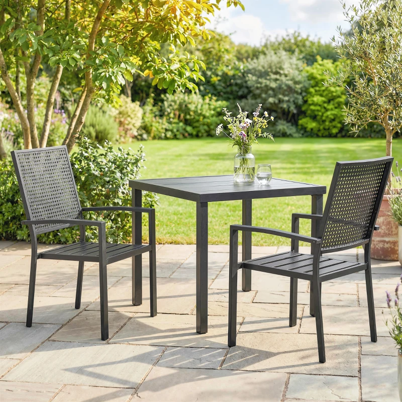 Outsunny Stackable Patio Chairs Set of 2, Outdoor Dining Chairs with Faux Wicker Steel Mesh Back, Slatted Seat, Armrests, Black